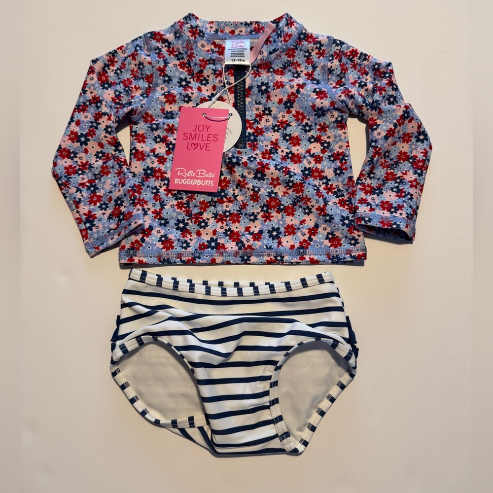 RuffleButts Baby/Toddler Girls Long Sleeve Rash Guard 2 Piece Swimsuit Set w/UPF